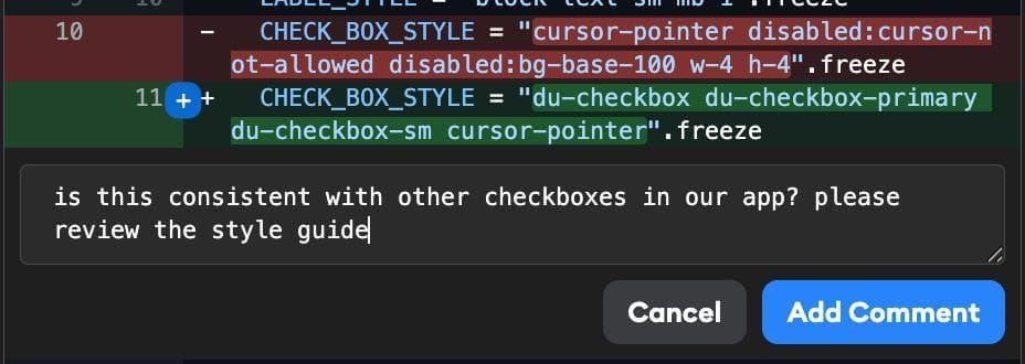Comment widget on a diff line with Cancel and Add Comment buttons