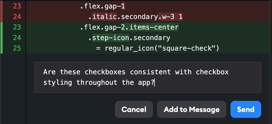 Comment widget on a diff line with Cancel, Add to Message, and Send buttons