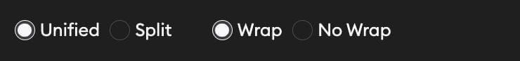 Diff display options showing Unified, Split, Wrap, and No Wrap radio buttons