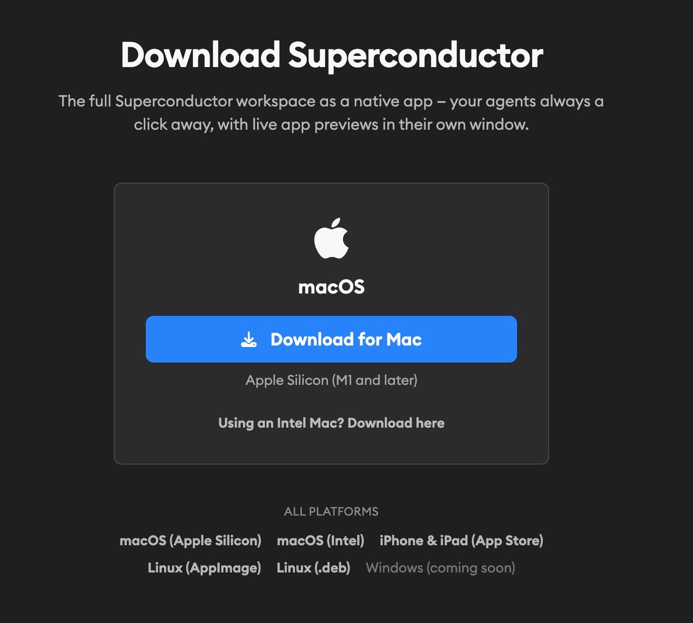 Download Superconductor page showing native app downloads for macOS, iPhone, iPad, Linux, and Android