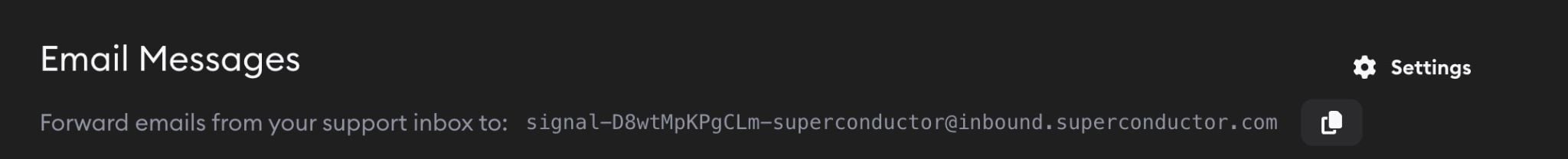 Email Messages page header showing the forwarding address for the project