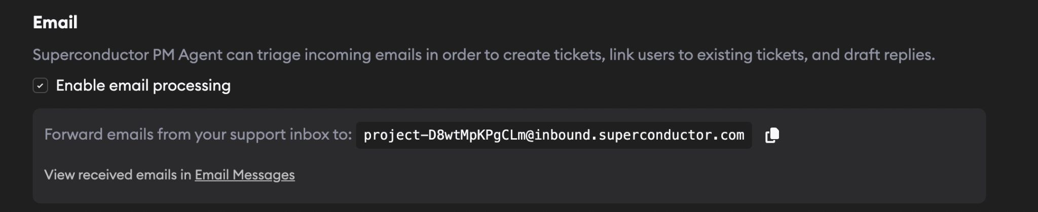 Email settings in Project Settings showing the Enable email processing checkbox and inbound email address