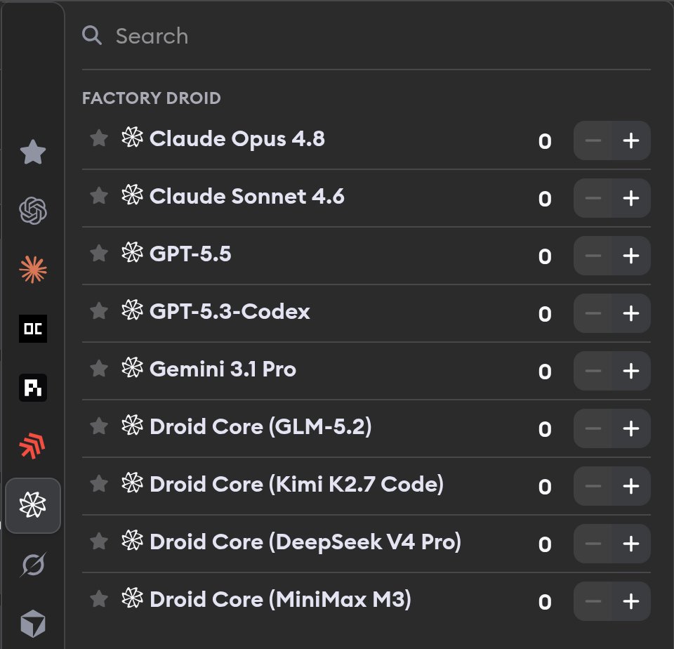 Factory Droid model selection listing Claude Opus 4.8, Claude Sonnet 4.6, GPT-5.5, GPT-5.3-Codex, Gemini 3.1 Pro, and the Droid Core profiles