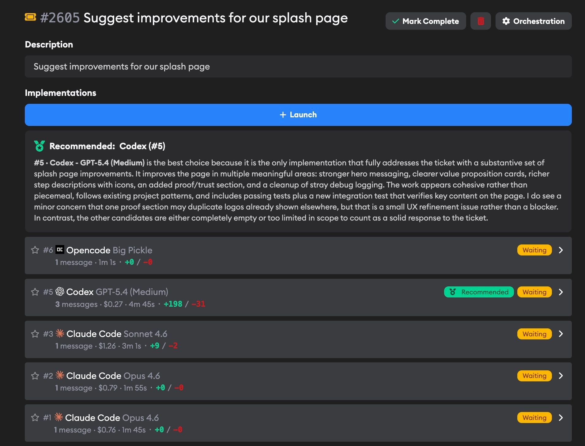 Fan-in review showing a recommended implementation with detailed reasoning