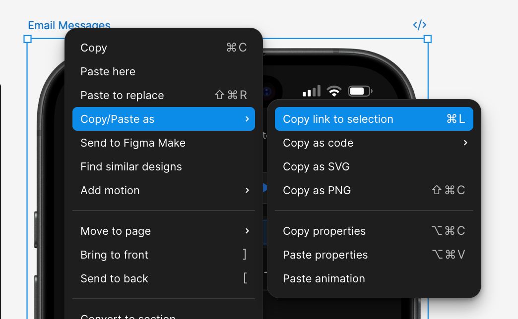 Figma context menu showing Copy/Paste as and Copy link to selection