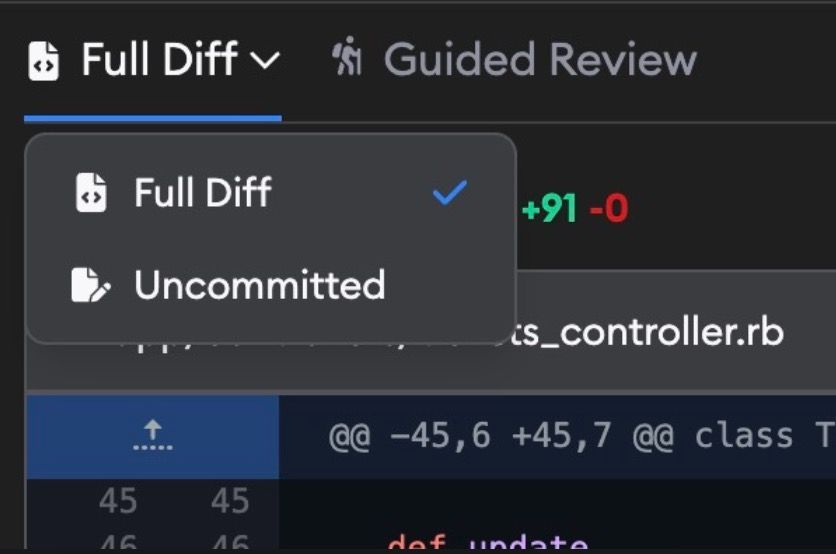 Full Diff dropdown showing Full Diff and Uncommitted view options