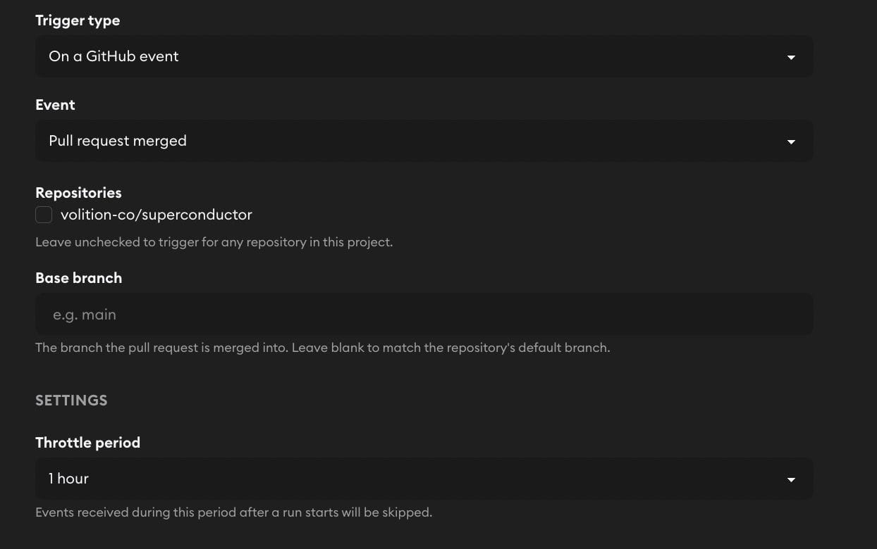 Automation form for a GitHub event trigger showing Event, Repositories, Base branch, and Throttle period