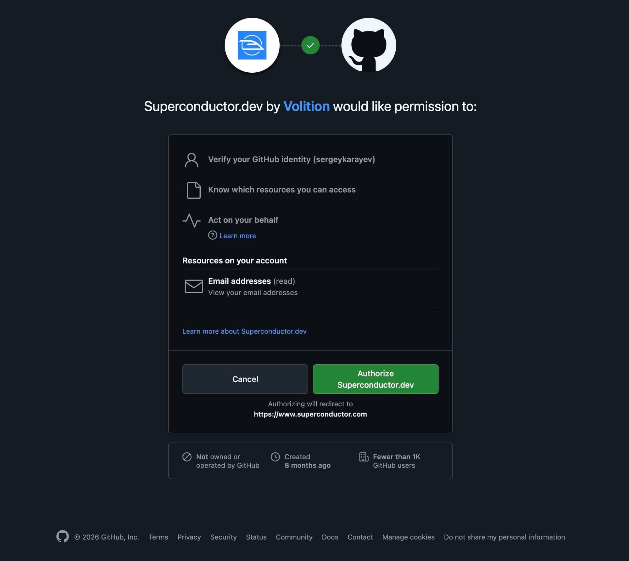 GitHub OAuth authorization prompt requesting permissions for Superconductor