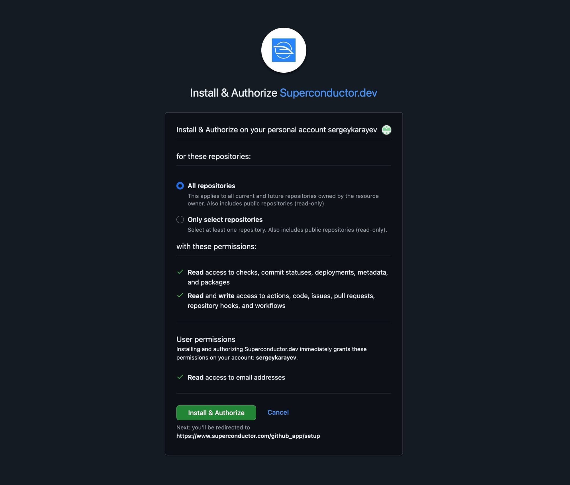 GitHub repository selection with all or selected repositories permission options