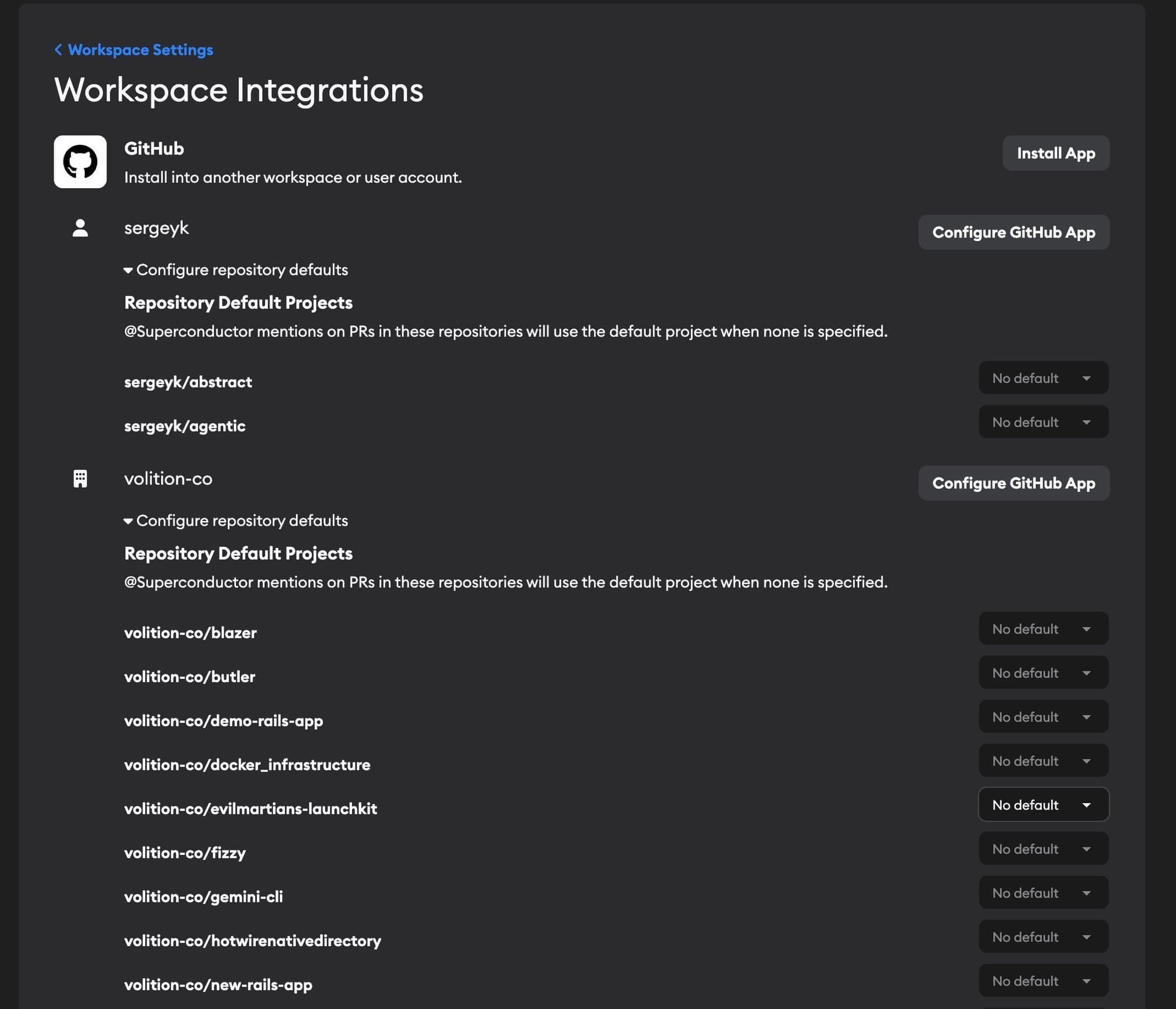 Workspace Integrations page showing GitHub organizations with repository default project settings