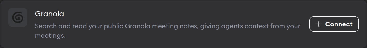 The Granola connector in Workspace Settings, for public meeting notes, with a Connect button