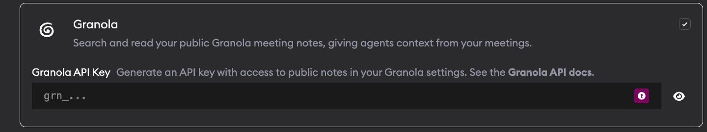 Granola skill settings card with the API key field