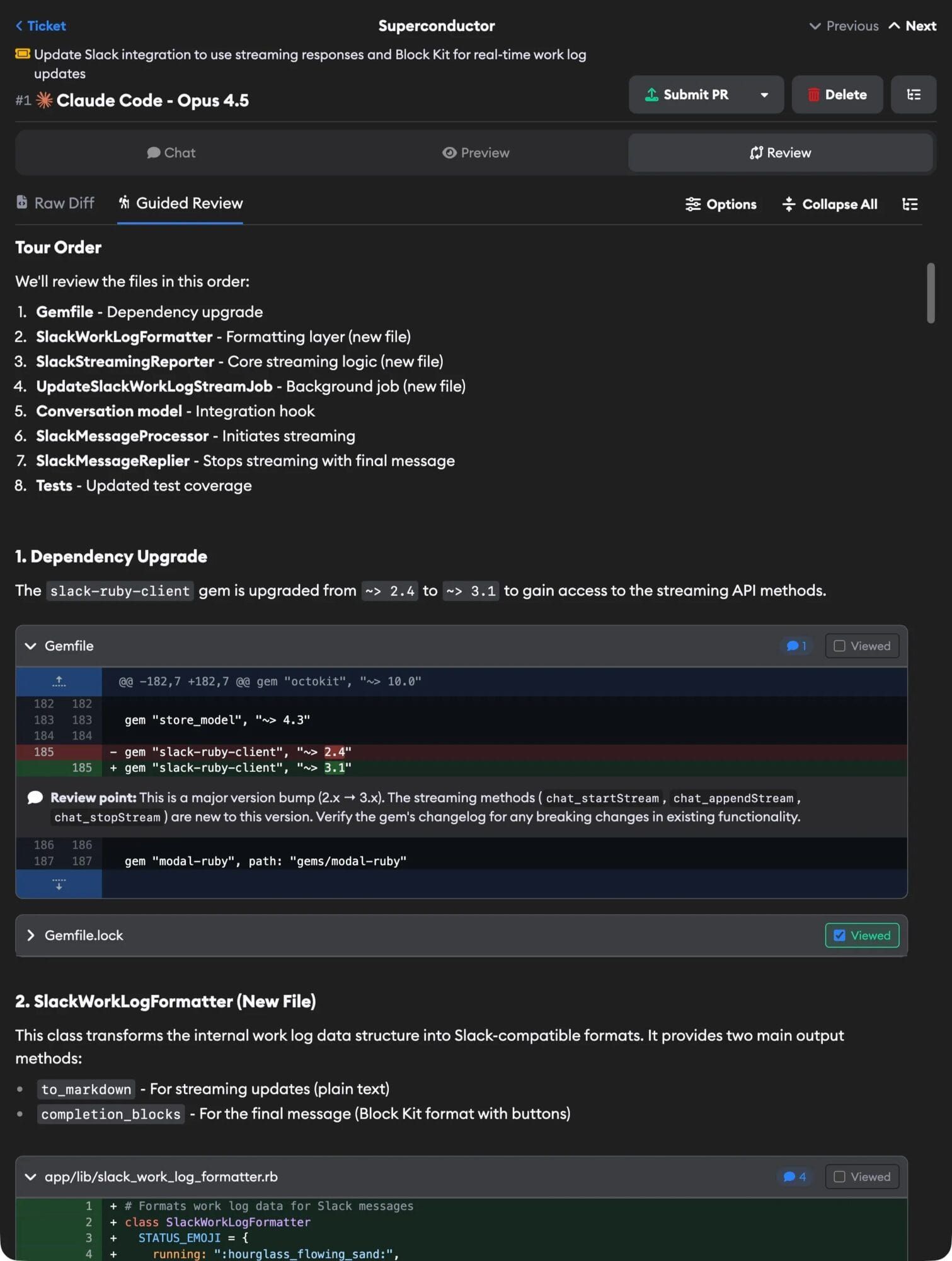 Guided code review interface showing file review order, dependency upgrades, and diff view