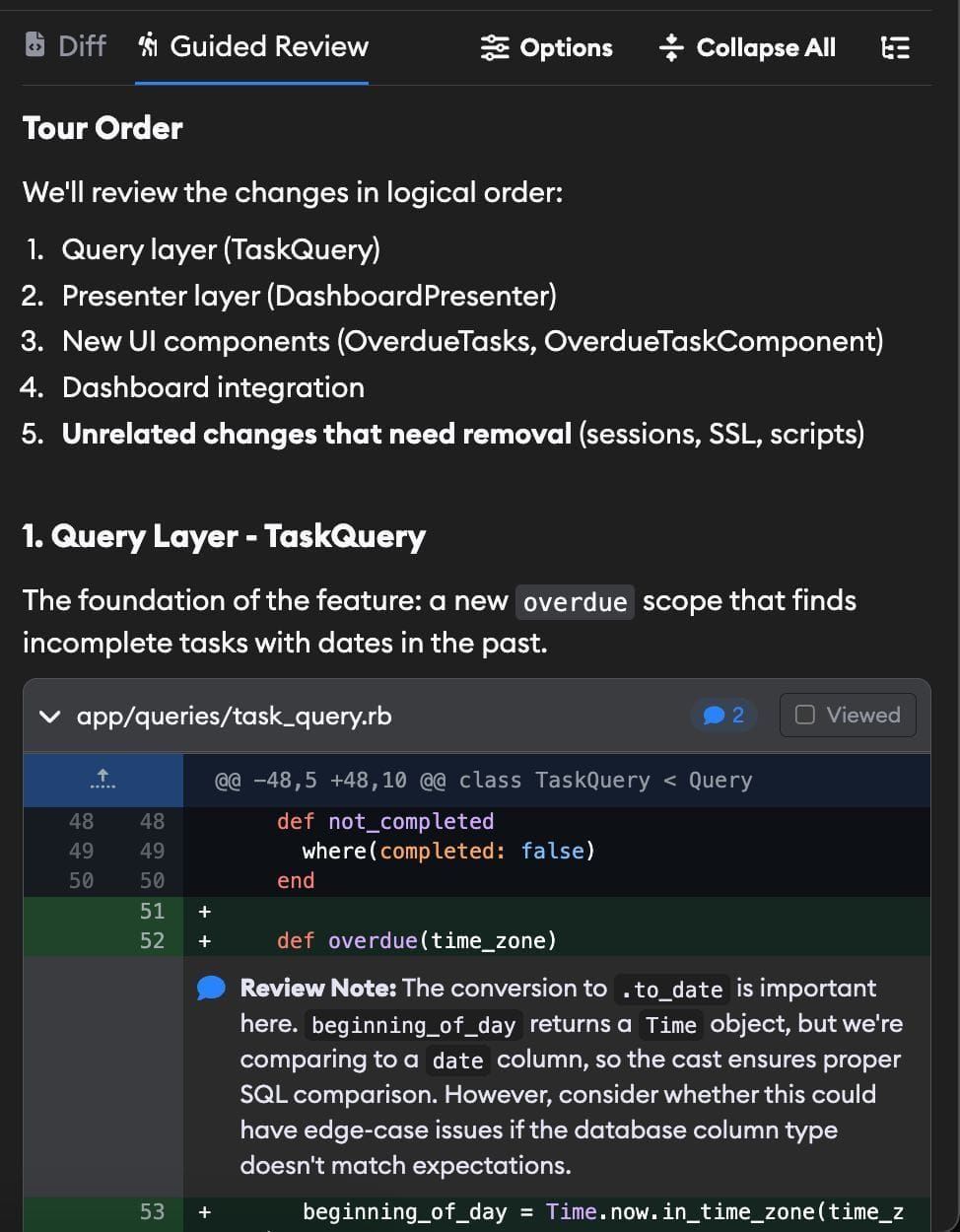 Guided Review showing organized file changes with AI-generated comments