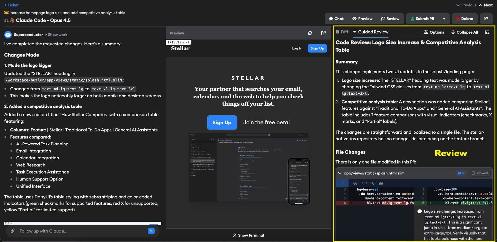 Guided Review interface showing file changes with AI-generated comments and diff view