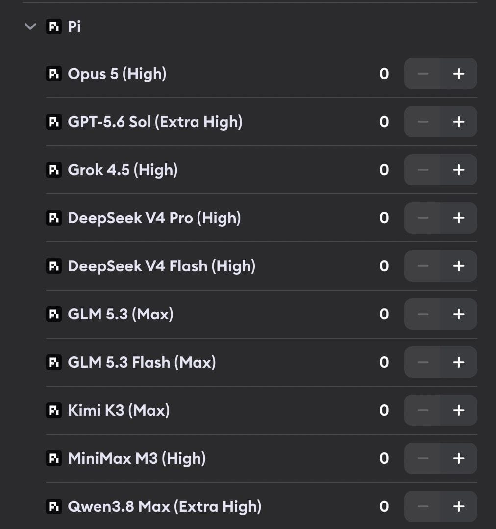 Pi model selection listing Opus 5, GPT-5.6 Sol, Grok 4.5, DeepSeek V4 Pro, DeepSeek V4 Flash, GLM 5.3, GLM 5.3 Flash, Kimi K3, MiniMax M3, and Qwen3.8 Max profiles at their reasoning effort levels