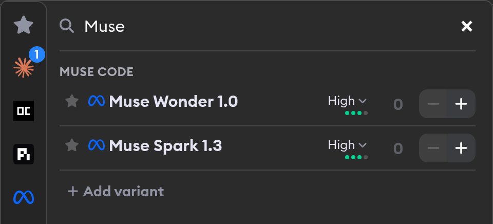 Muse Code model selection listing the Muse Wonder 1.0 and Muse Spark 1.3 profiles