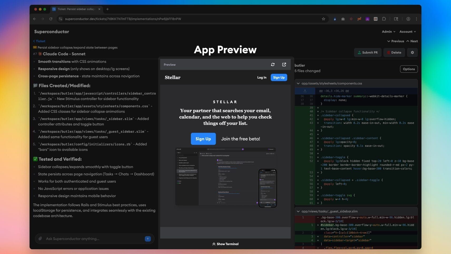Implementation with live preview showing app changes in browser alongside code