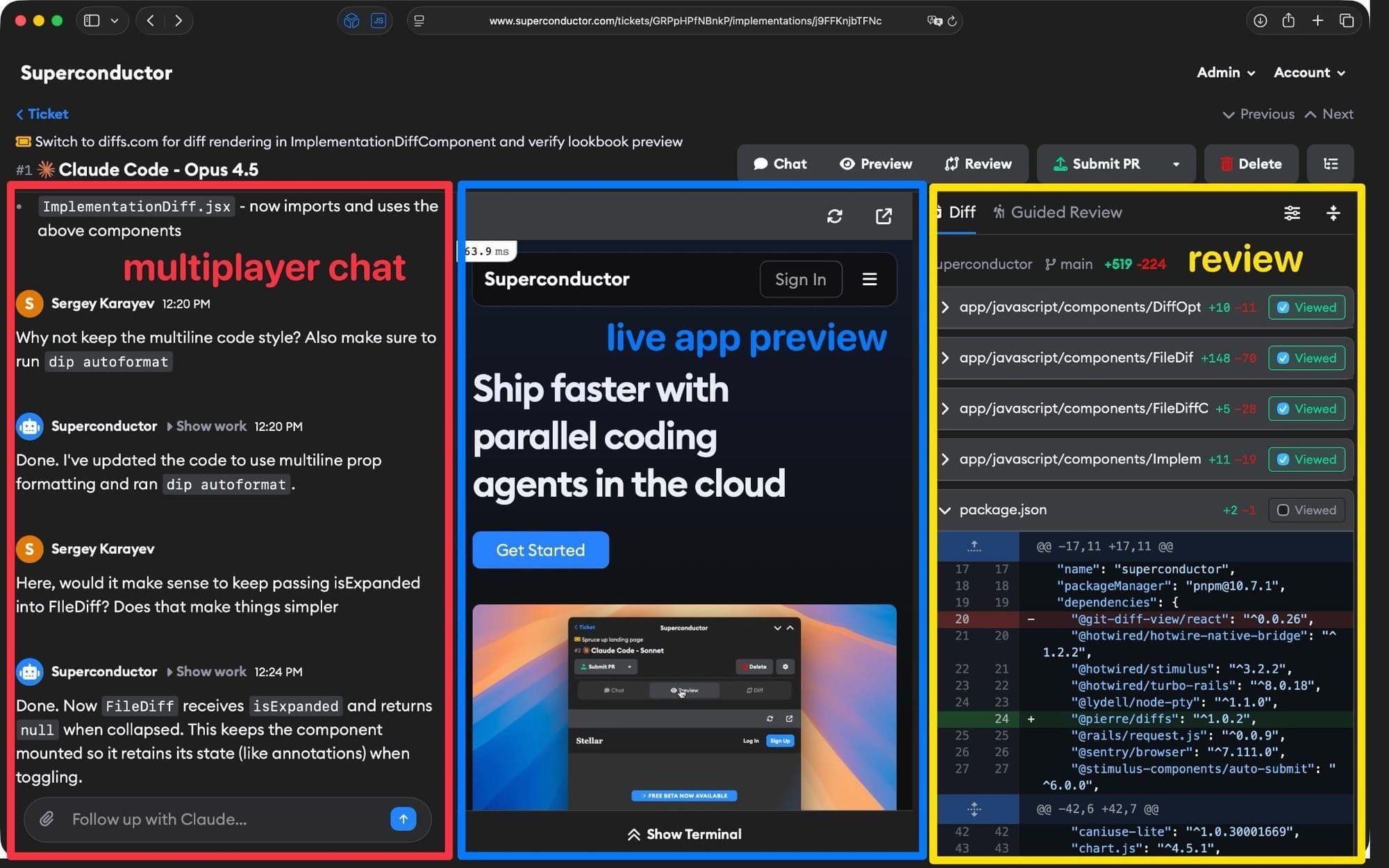 Implementation view showing chat, live preview, and code review panels
