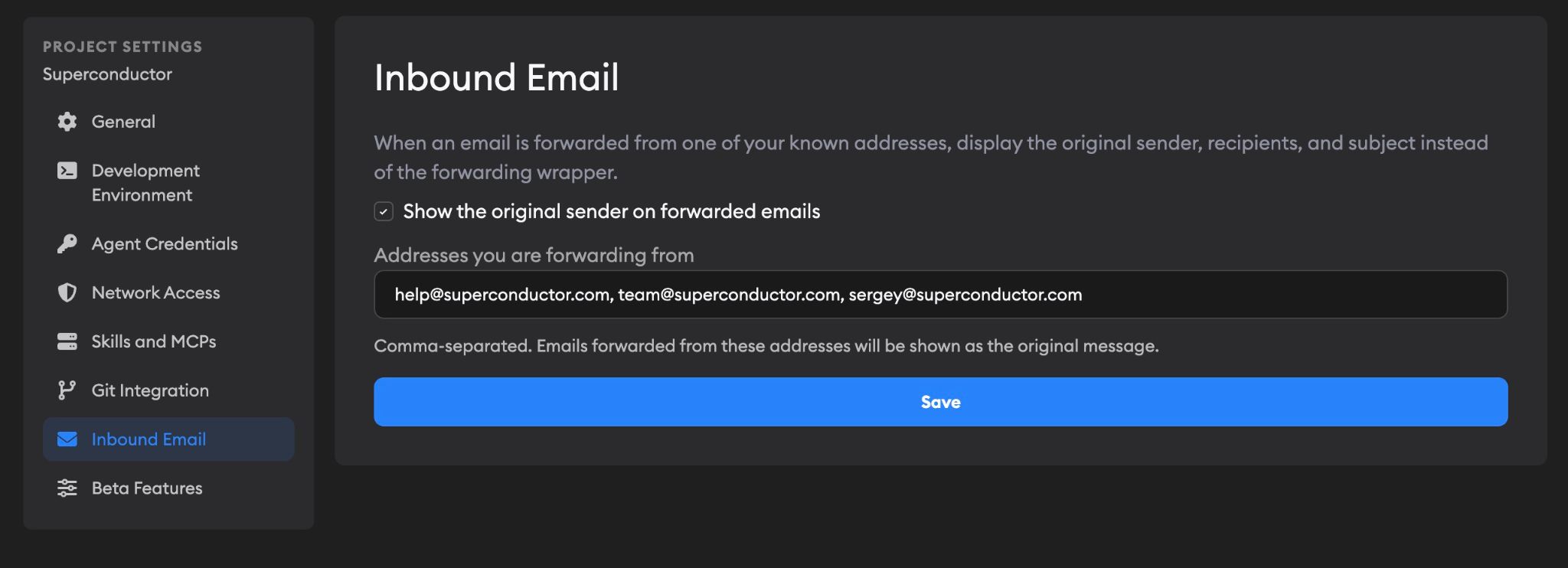 Inbound Email settings showing forwarding address parsing options