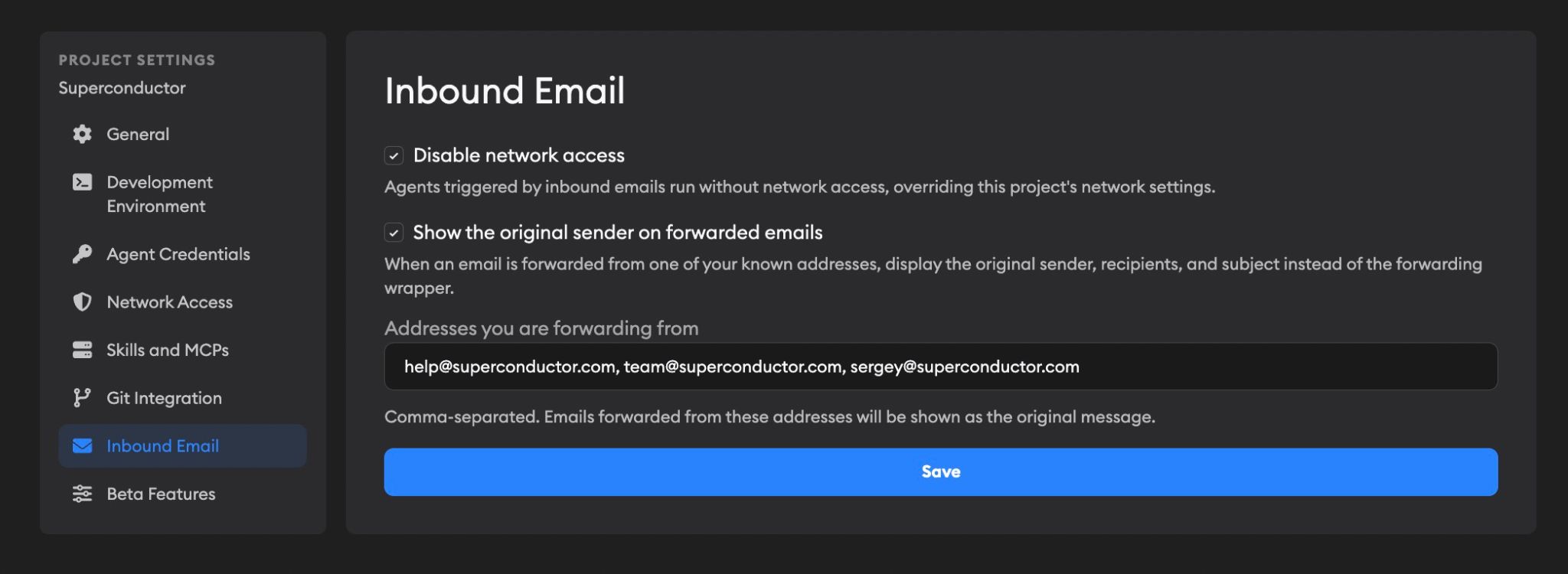 Inbound Email settings showing forwarding address parsing options