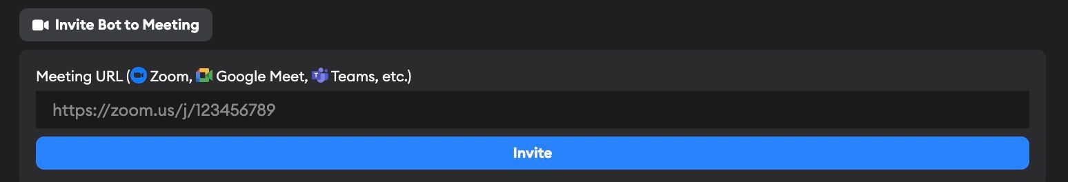 Invite Bot to Meeting form showing the meeting URL input field and Invite button