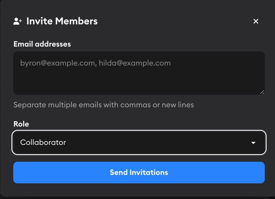 Invite Members modal showing batch email input with commas or new lines