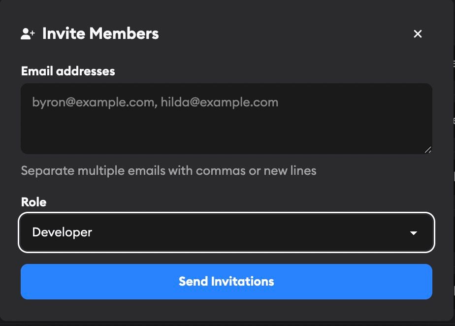 Invite Members modal showing batch email input with commas or new lines