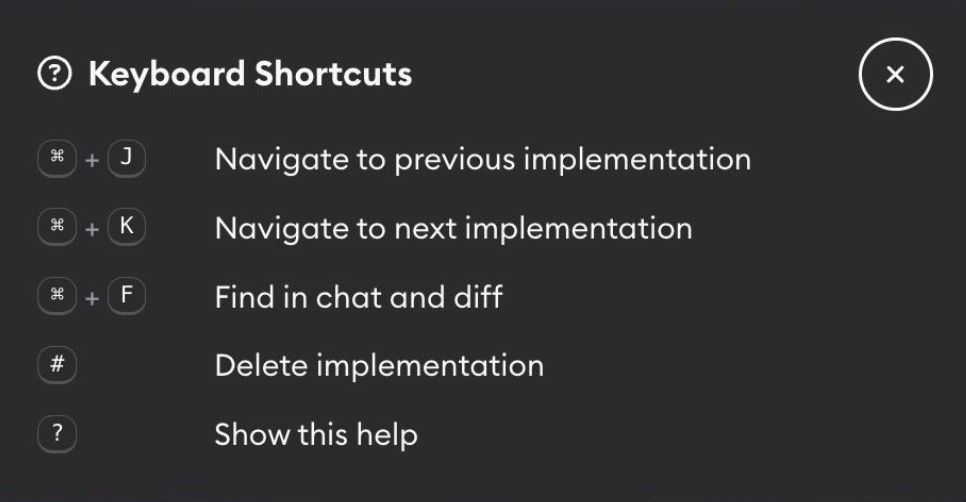 Keyboard Shortcuts help showing Cmd+J, Cmd+K, Cmd+F, hash, and question mark shortcuts