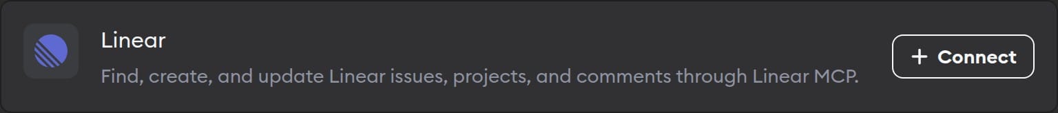 The Linear connector in Workspace Settings, for issues, projects and comments, with a Connect button