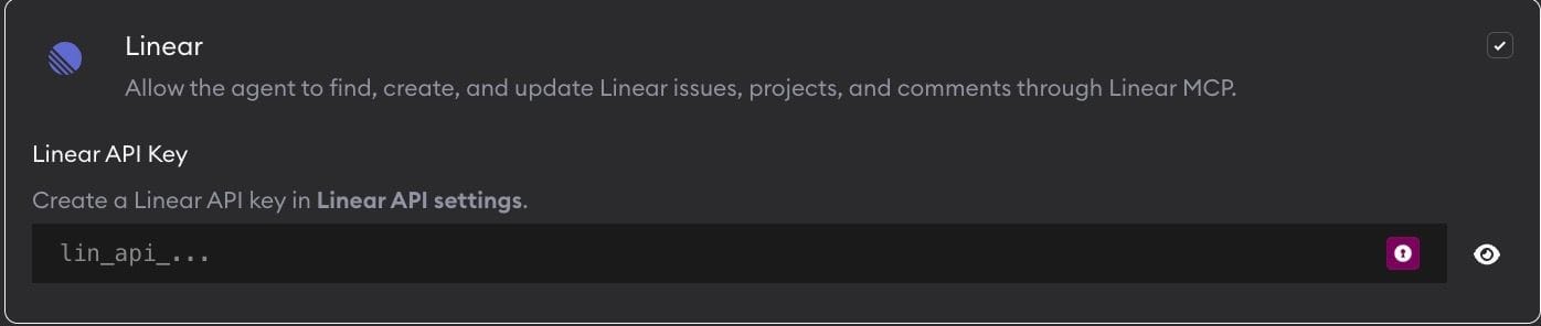 Linear MCP settings card with the Linear API key field