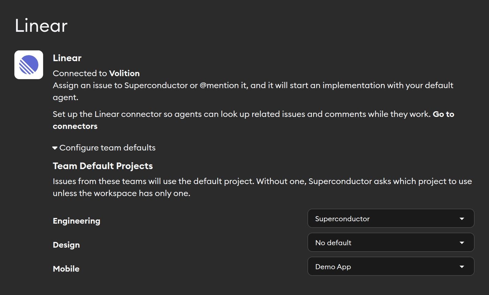Team Default Projects settings, with a project dropdown for each Linear team