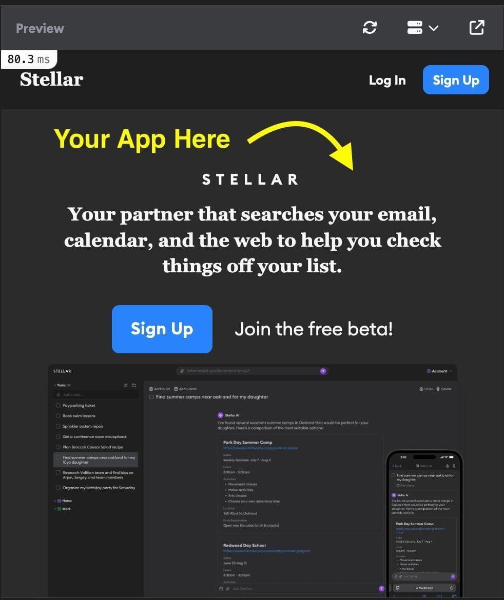 Preview pane showing a live app running in the cloud