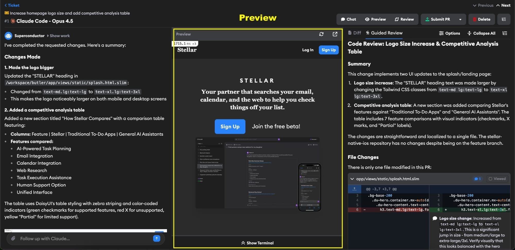 Live preview showing app in browser with terminal access