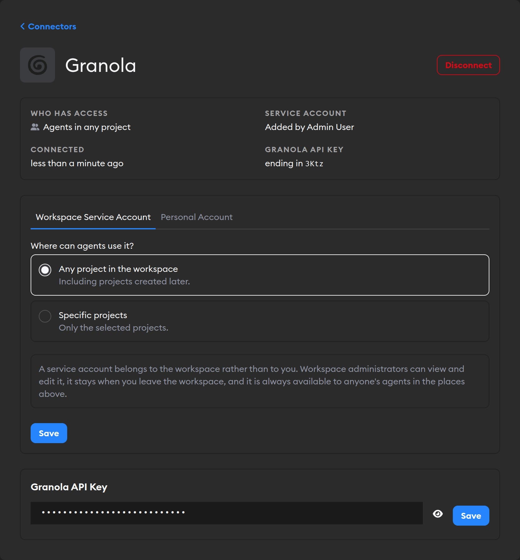Managing a Granola connection, with account details, project access choices, the key replacement box, and Disconnect