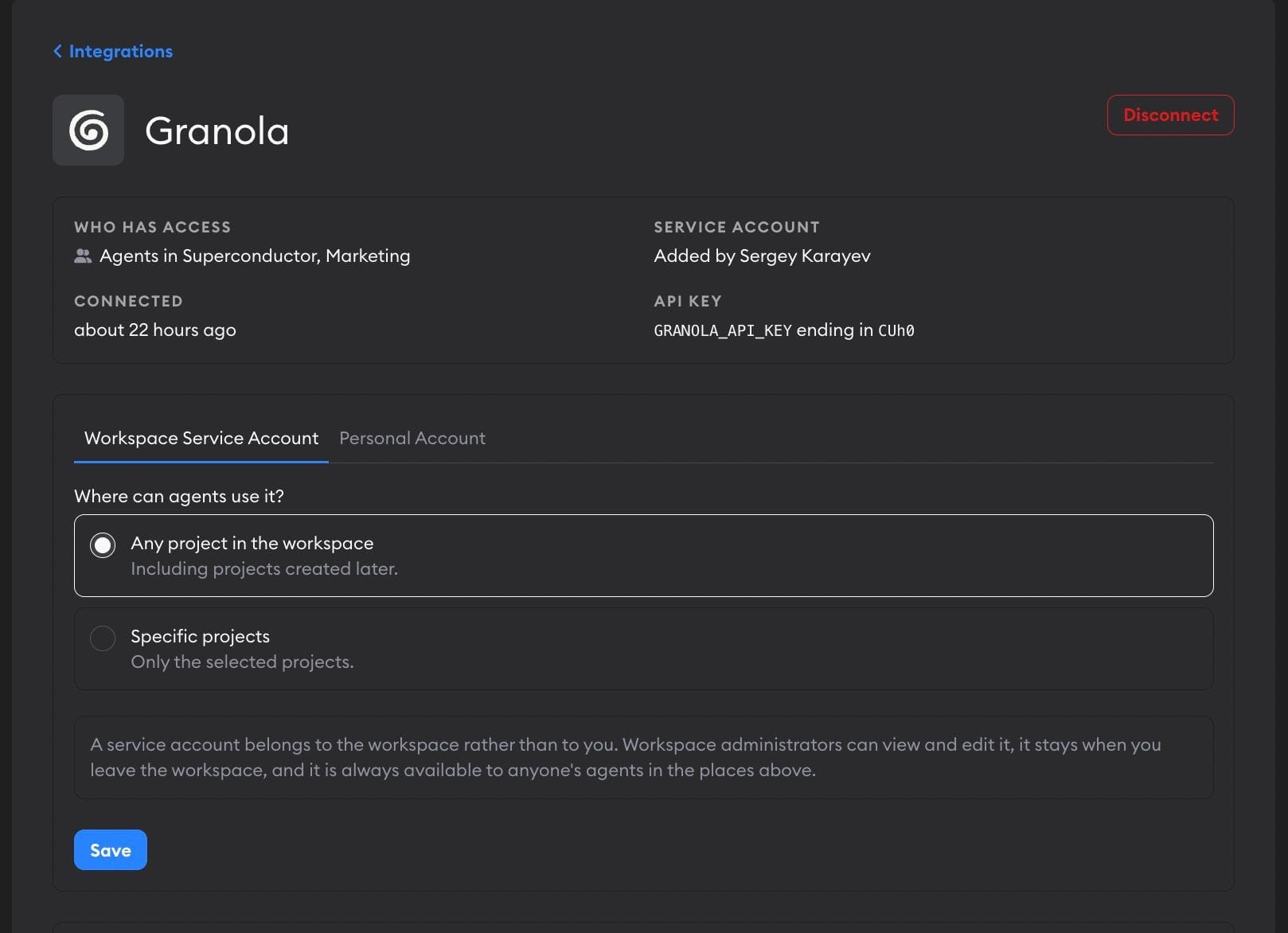Managing a Granola connection, with account details, project access choices, Save, and Disconnect