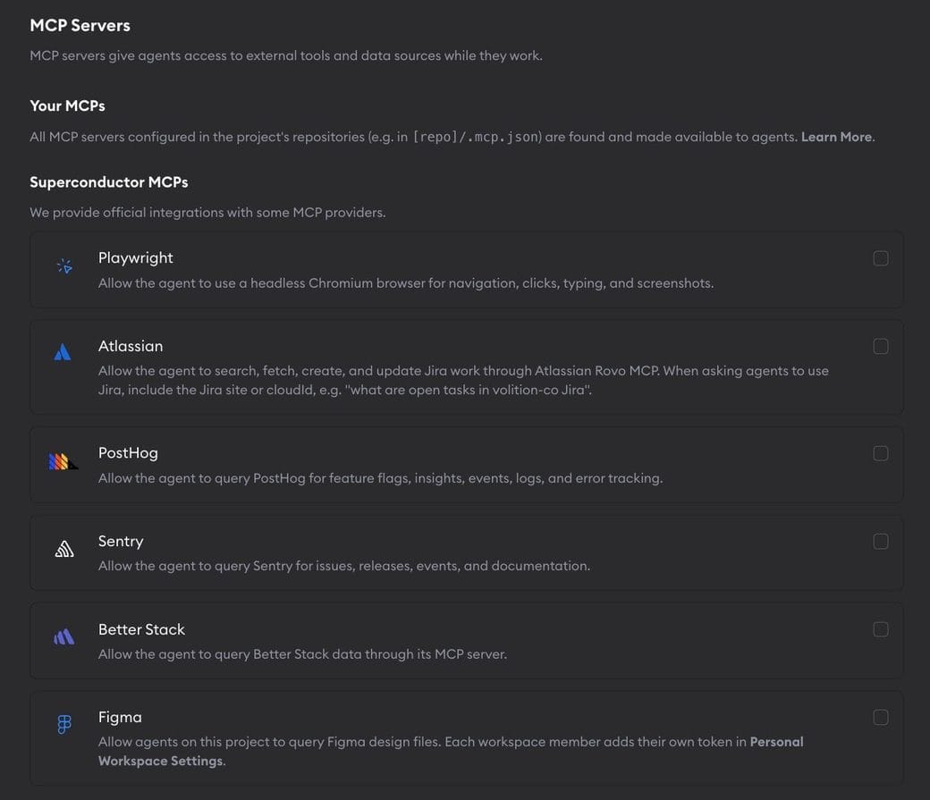 MCP servers in Project Settings with Playwright, Atlassian, PostHog, Sentry, Better Stack, and Figma MCP toggles