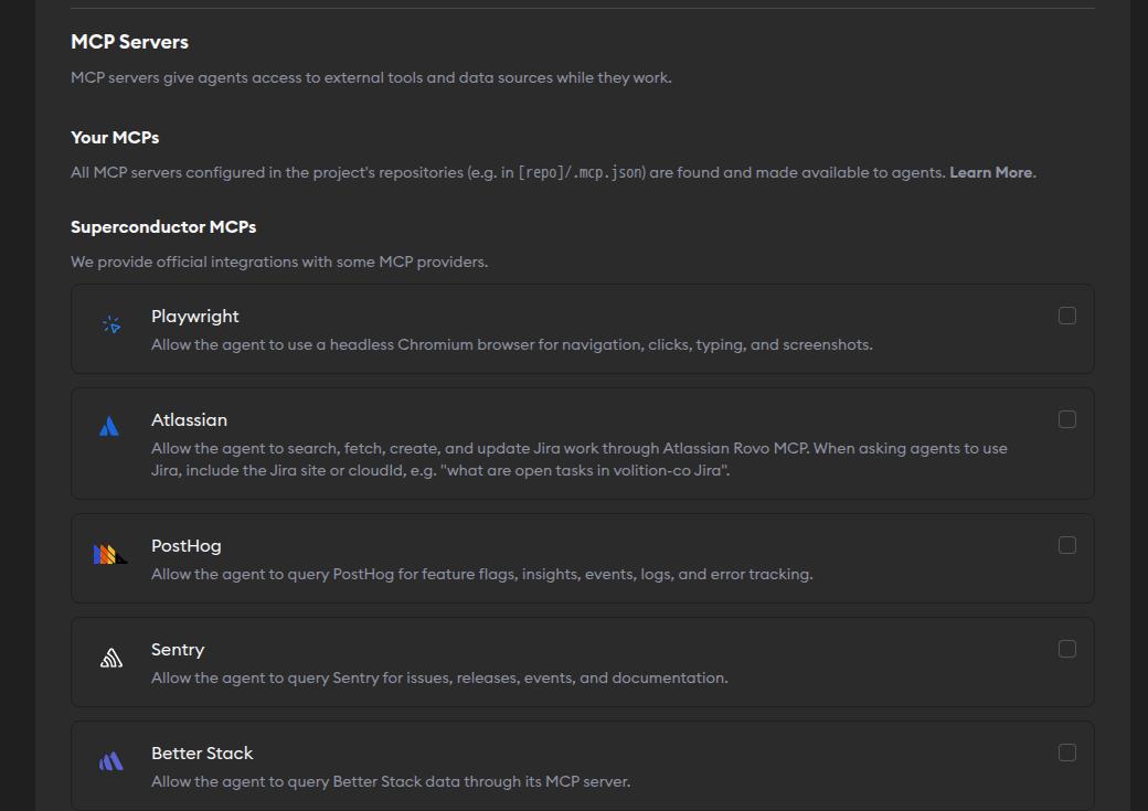 MCP servers in Project Settings with Playwright, Atlassian, PostHog, Sentry, and Better Stack MCP toggles