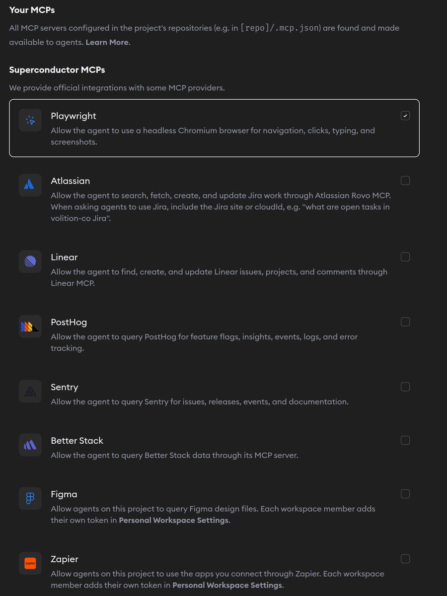 MCP servers in Project Settings with Playwright, Atlassian, Linear, PostHog, Sentry, Better Stack, Figma, and Zapier MCP toggles