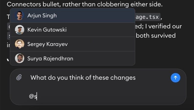 Mention autocomplete in the chat composer listing workspace members you can mention