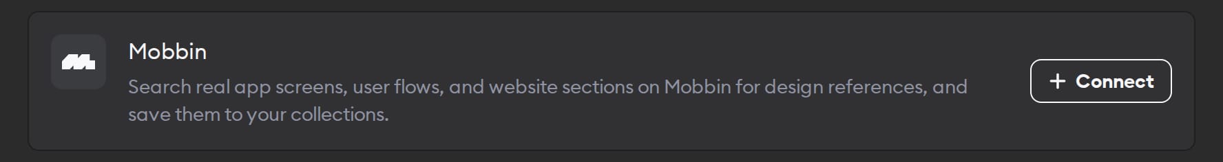 The Mobbin connector in Workspace Settings, for searching app screens, flows, and website sections, with a Connect button