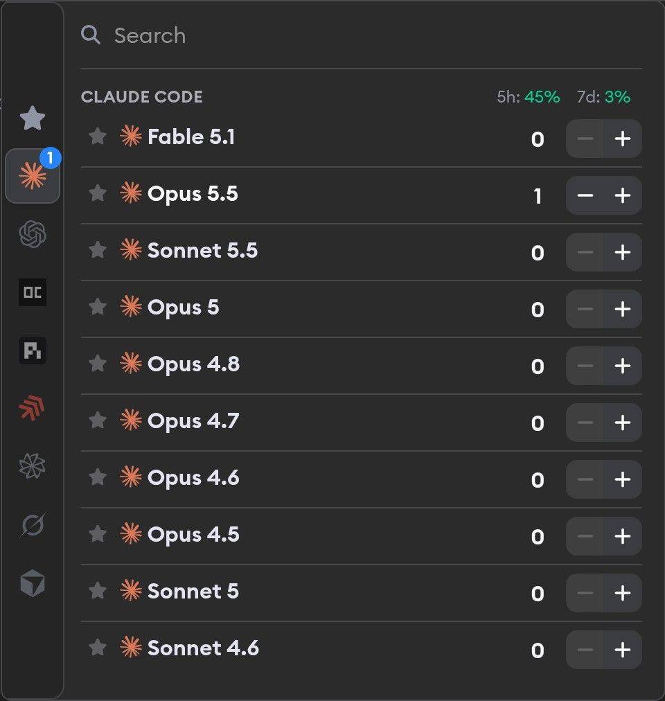 Claude Code model selection showing Fable 5.1, Opus 5.5, Sonnet 5.5, Opus 5, Opus 4.8, Opus 4.7, Opus 4.6, Opus 4.5, Sonnet 5, and Sonnet 4.6