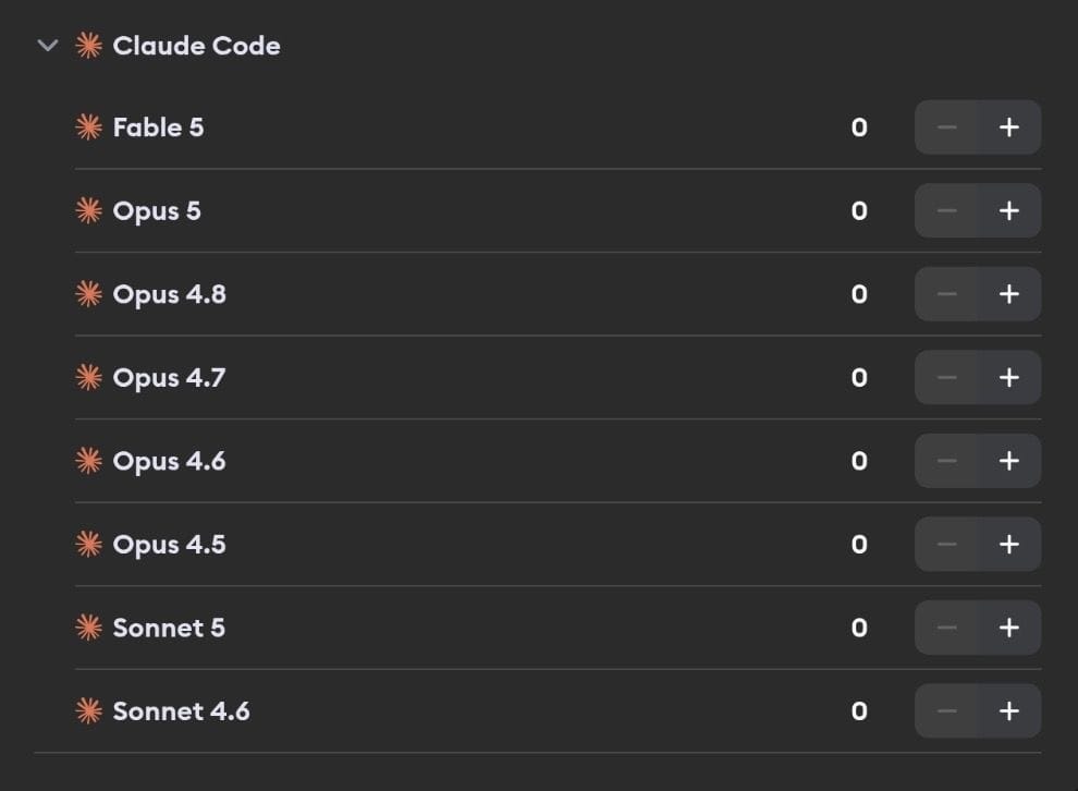Claude Code model selection showing Fable 5, Opus 5, Opus 4.8, Opus 4.7, Opus 4.6, Opus 4.5, Sonnet 5, and Sonnet 4.6
