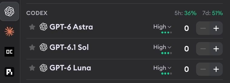 Codex models in the agent picker: GPT-6 Astra, GPT-6.1 Sol, and GPT-6 Luna, each set to High reasoning