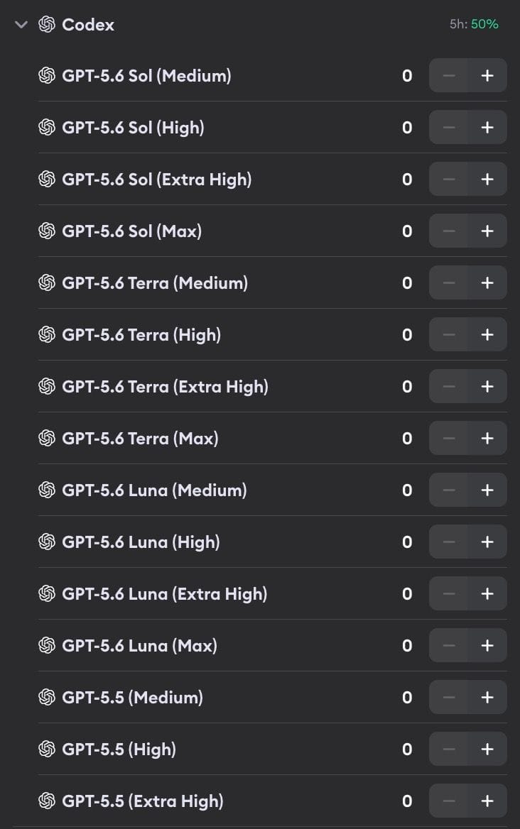 Codex model selection showing GPT-5.6 Sol, Terra, and Luna at Medium, High, Extra High, and Max reasoning, followed by GPT-5.5