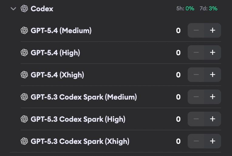 Codex model selection showing GPT-5.4 and GPT-5.3 Spark variants with different reasoning effort levels