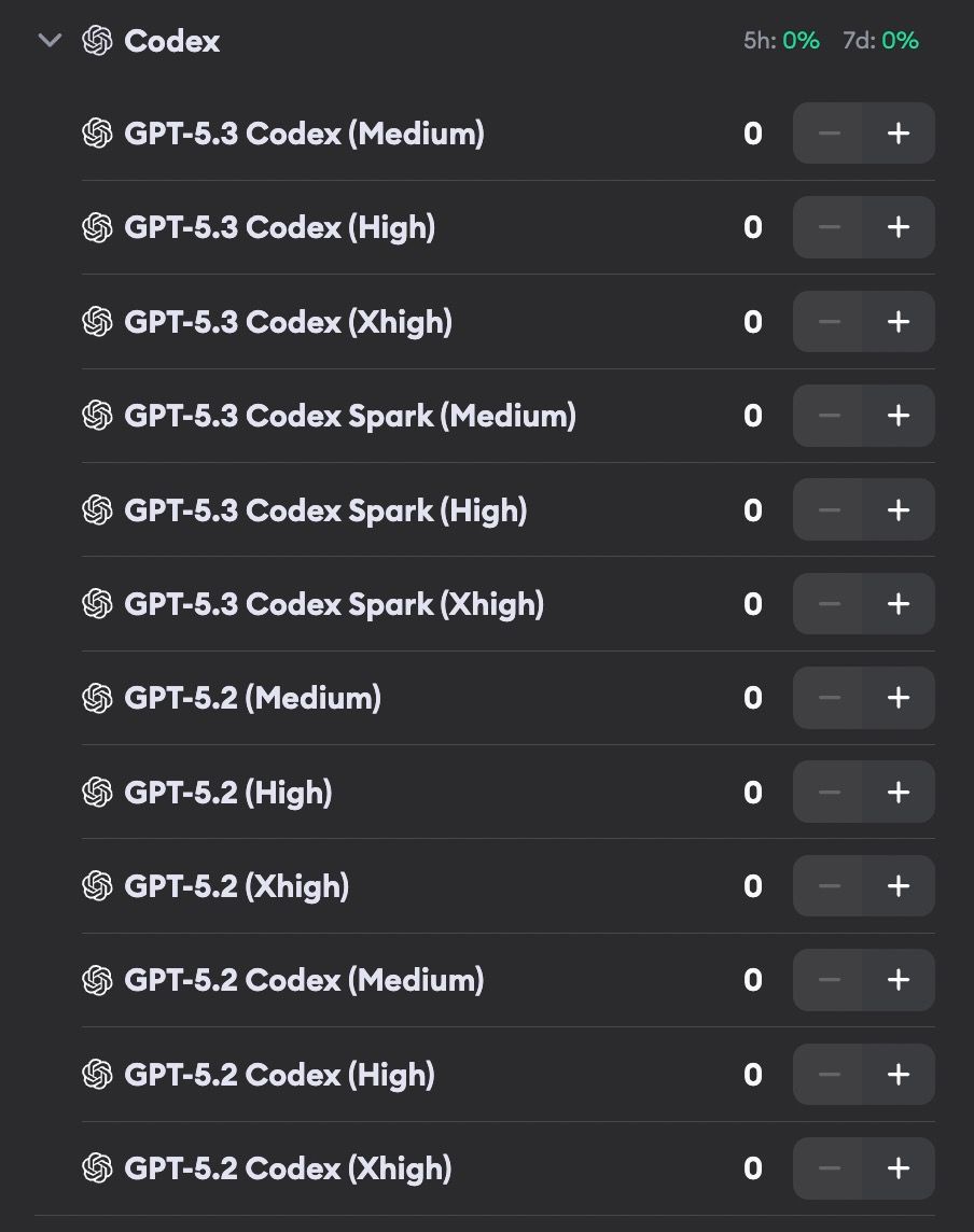 Codex model selection showing GPT-5.3, GPT-5.3 Spark, and GPT-5.2 variants with different reasoning effort levels