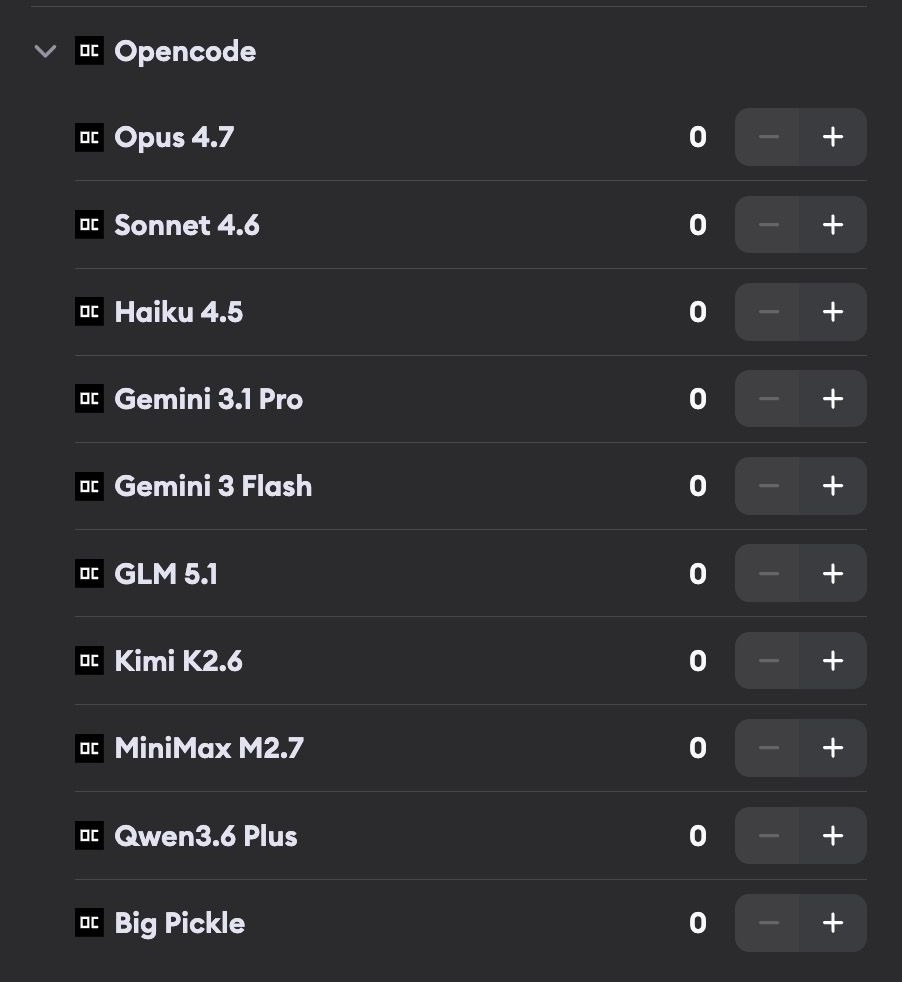 OpenCode model selector listing Opus 4.7, Sonnet 4.6, Haiku 4.5, Gemini 3.1 Pro, Gemini 3 Flash, GLM 5.1, Kimi K2.6, MiniMax M2.7, Qwen3.6 Plus, and Big Pickle