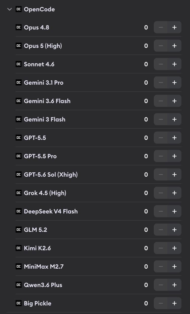 OpenCode model selector listing Opus 4.8, Opus 5, Sonnet 4.6, Gemini 3.1 Pro, Gemini 3.6 Flash, Gemini 3 Flash, GPT-5.5, GPT-5.5 Pro, GPT-5.6 Sol, Grok 4.5, DeepSeek V4 Flash, GLM 5.2, Kimi K2.6, MiniMax M2.7, Qwen3.6 Plus, and Big Pickle