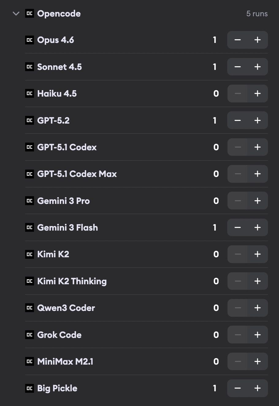 OpenCode model selection showing models from multiple providers including Anthropic, OpenAI, Google, and others